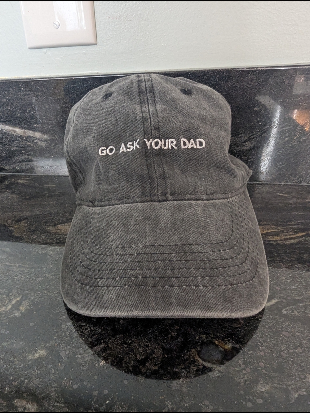 Black Washed Hat with 'GO ASK YOUR DAD' Embroidery